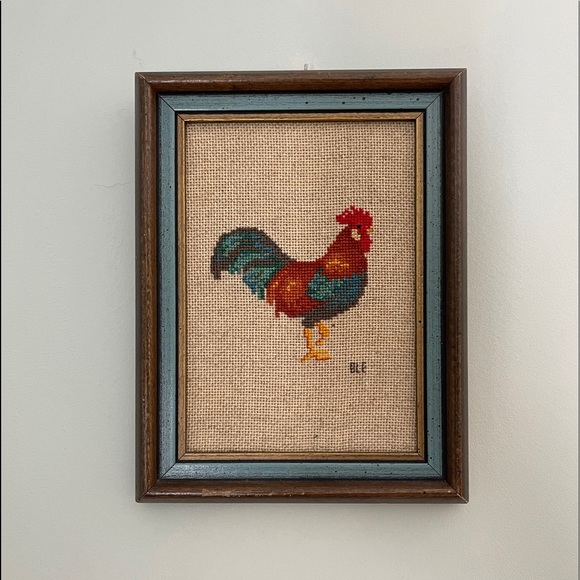 Framed needlework rooster handmade art